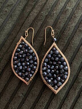 Navy and Gold Beaded Dangle Earrings